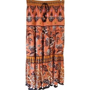 Rachel Zoe Boho Salmon & Black Botanical Print Maxi Skirt Size Small